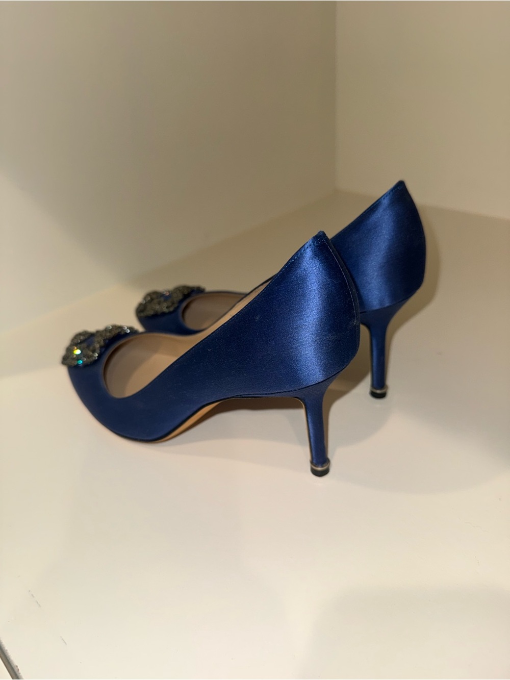 Manolo Blahnik Royal Blue Satin Crystal-Embellished Pointed-Toe Pumps - Picture 3 of 11